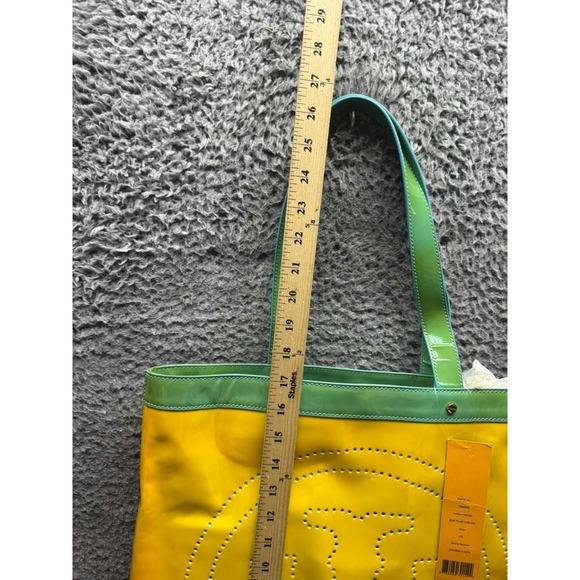 NWD Tory Burch Patent Leather Contrast T-Tote Bag Yellow Turquoise One Size - Picture 14 of 15